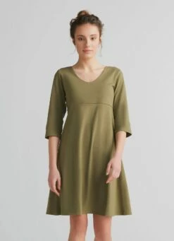 3/4 Arm Kleid Aus Bio-Baumwolle - Oliv