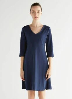 3/4 Arm Kleid Aus Bio-Baumwolle - Admiralblau