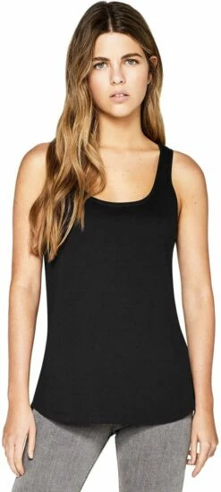 Organic Tank-Top - Black 8 Organic Tank-Top - Black -Grundstoff Verkaufsladen EP17A BL Earth Positive Womens classic vest Frauen Model front Fair Trade 1280x1280
