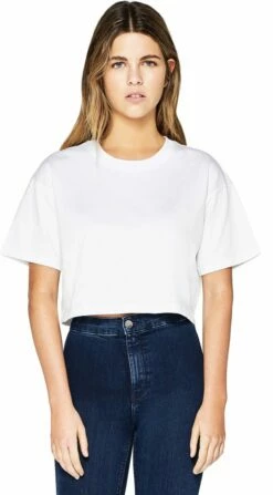 Cropped T-Shirt Aus Biobaumwolle - 2er-Pack - White -Grundstoff Verkaufsladen EP26 WH Weites Damen T Shirt cropped bauchfrei bio vegan model 1280x1280 1