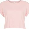 Crop T-Shirt - Soft Pink -Grundstoff Verkaufsladen M96 soft pink Crop Top in rosa aus zertifizierter Biobaumwolle nachhaltig kurz und weit geschnitten mit aufgerollten Aermel oekofair 1280x1280