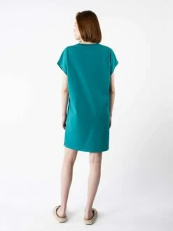 Mela Fairtrade Jersey-Kleid Sunea Aus Bio-Baumwolle - Petrol -Grundstoff Verkaufsladen Rueckansicht MELA Sommer Kleid Sunea teal 1280x1280