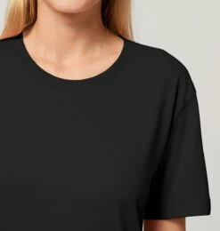 Jersey-Kleid Aus Bio-Baumwolle - Black -Grundstoff Verkaufsladen STDW144 002 Jerseykleid schwarz Rundhalsausschnitt Rippbund bio fair Kurzarm Detail 1280x1280