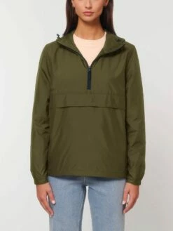 Unisex Pull-Over Jacke Aus Recyceltem Polyester - British Khaki -Grundstoff Verkaufsladen U834 008 3 fair trade Jacke mit verdecktem Reissverschluss bis zur Zier Klappe laessige Passform vegan 1280x1280