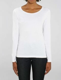 Longsleeve Aus Bio-Baumwolle - White -Grundstoff Verkaufsladen W021 001 Damen Langarm Shirt Biobaumwolle flacher Rundhals Ausschnitt umweltfreundlich fm front 1280x1280