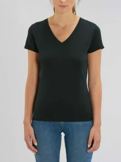 T-Shirt Mit V-Ausschnitt Aus Bio-Baumwolle - Black -Grundstoff Verkaufsladen W023 002 Damen T Shirt V Ausschnitt Bio Baumwolle black fm front 1280x1280