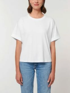 Rolled Sleeve T-Shirt Aus Bio-Baumwolle - White 10 Rolled Sleeve T-Shirt Aus Bio-Baumwolle - White -Grundstoff Verkaufsladen W089 001 03 nachhaltiges damen oversized t shirt aufgerollte aermel fm front 1280x1280