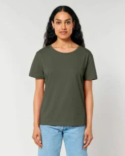 Basic T-Shirt Aus Bio-Baumwolle - Khaki -Grundstoff Verkaufsladen frauen kurzarm oberteil khaki gruen rundhals normale passform bio baumwolle gots zertifiziert W173 223 1280x1280