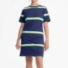 Mela Schweres Fairtrade T-Shirt Kleid Shrishti - Lila Gestreift -Grundstoff Verkaufsladen gestreiftes t shirt kleid mela purple stripes schwere bio baumwolle vegan shrishti pur str 1280x1280