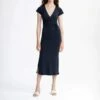 Mela Langes Fairtrade V-Neck Kleid Shreoshi - Navy -Grundstoff Verkaufsladen langes kleid navyblau v ausschnitt wickeloptik schleife bio fair vegan shreoshi nvy 1280x1280