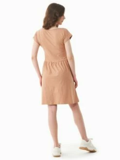 Kurzarm-Kleid Aus Bio-Baumwolle - Tan -Grundstoff Verkaufsladen rueckansicht kurzarm kleid midi laenge faire bedingungen casual 009 tan 1280x1280