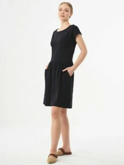 Kurzarm-Kleid Aus Bio-Baumwolle - Black -Grundstoff Verkaufsladen wor casual009 Black veganes Kleid zertifizierter Bio Baumwolle knielang Seitentaschen umgeschlagene Aermel oekofair 1280x1280